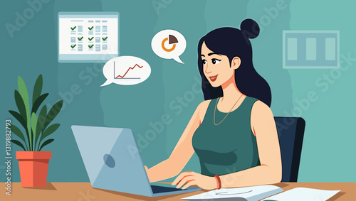 Focused Young Woman Using Tablet Computer Application to Solve Complex Problem at Desk
