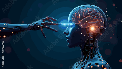 Futuristic Android Connecting Human Brain with Microchip Neural Implant Interface