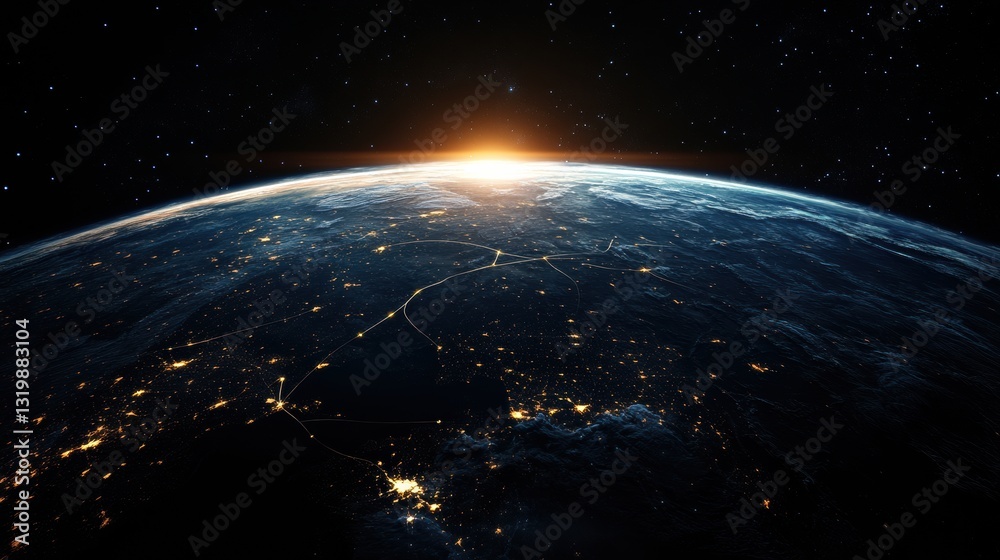 Obraz premium Night view of planet earth highlighting communication lines and global connections in a vibrant display of business and technology