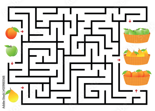Fruit Maze Puzzle Game for Kids – Help the Fruits Find Their Baskets,Guide the peach, green apple, and pear through the maze to their matching fruit baskets. Perfect for educational materials
