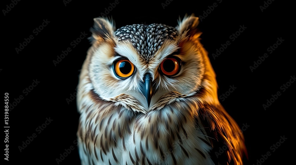 An owl displays its captivating orange eyes amidst dark surroundings showcasing intricate feather patterns and a keen expression highlighting its beauty An owl displays its captivating orange eyes amidst dark surroundings showcasing intricate feather patterns and a keen expression highlighting its beauty