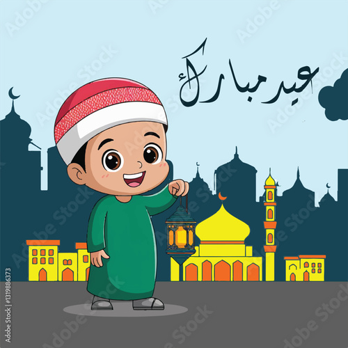 Eid mubarak vector with muslim kids. Happy Eid Mubarak. Muslim Kid Celebrating Eid Mubarak. religious holiday is celebrated by Muslims, Islamic holidays Greeting card. Eid Mubarak Urdu Calligraphy.