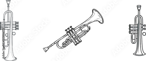 A minimalist, linear, and stylized depiction of a trumpet in silhouette, created with a single continuous line on a white background