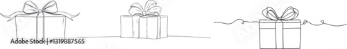 A simple line art representation of a gift box, evoking a wrapped surprise package for a Christmas or birthday celebration, emphasizing party and festivity