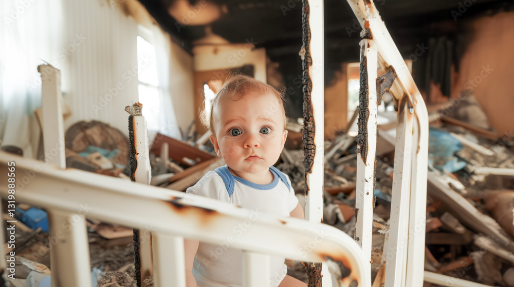 Obraz premium Baby with wide eyes sitting in a burnt crib amid debris. Scorched walls, broken furniture, and ashes cover the ruined room after a fire.