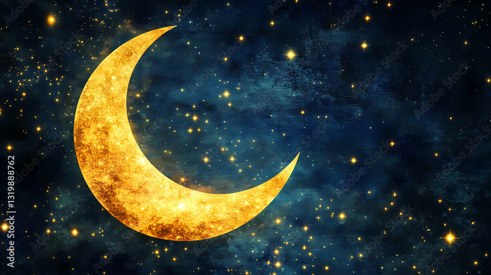 Naklejka premium Golden crescent moon in starry night. Solar Luster. Illustration