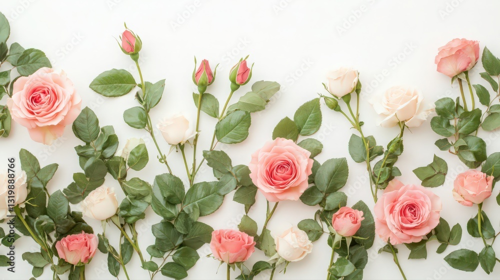 Pink and Cream Roses and Buds on White Background Pink and Cream Roses and Buds on White Background