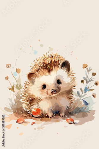 Watercolor Hedgehog Among Wildflowers