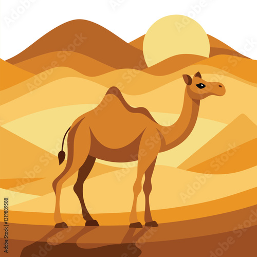 a flat illustration of a camel in the desert sand hills