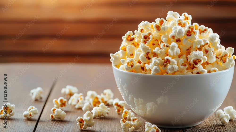 Freshly Popped Popcorn in a White Bowl on a Wooden Table Freshly Popped Popcorn in a White Bowl on a Wooden Table