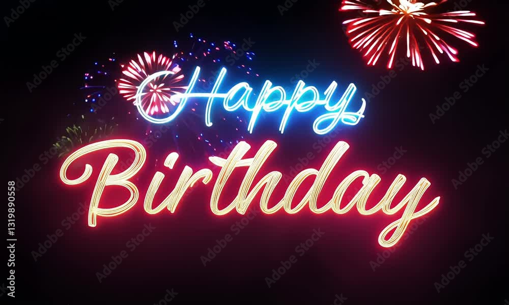animated happy birthday text in calligraphy style with blue and red neon light effect, festive background with fireworks light effect,