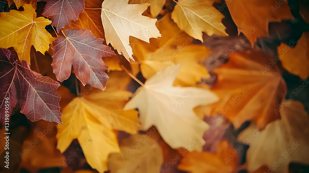 Obraz premium Close-up of Autumnal Leaves in Various Colors of Yellow Brown and Orange Covering the Surface