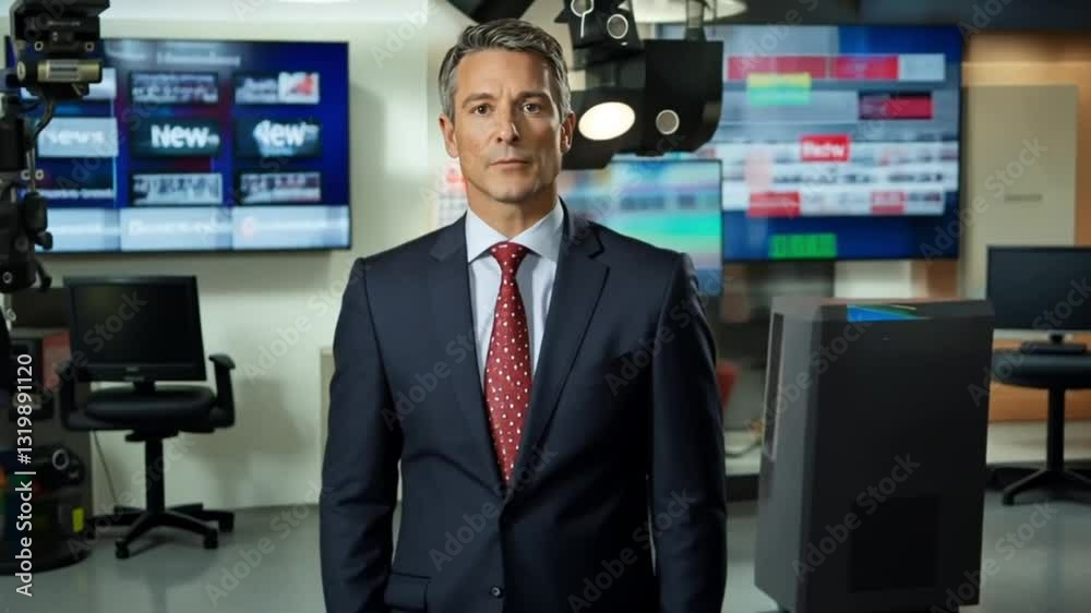 Serious news anchor in broadcast studio, professional image for news report use Serious news anchor in broadcast studio, professional image for news report use