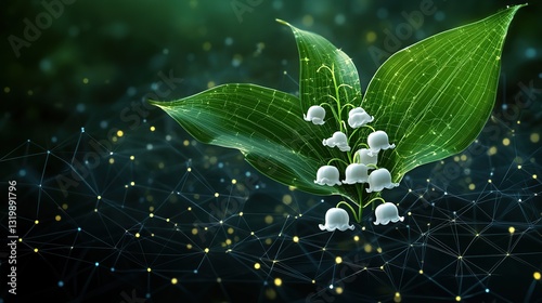 Lily of the valley blossoms delicately emerge, nestled amongst vibrant green leaves, set against an abstract network of glowing nodes.