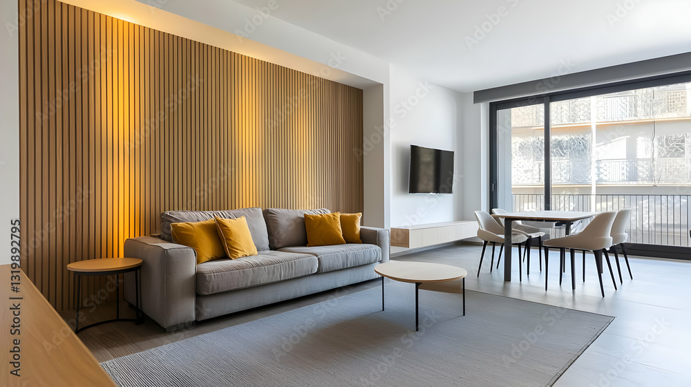 Fototapeta premium Modern Open Plan Living Room Interior Design In Neutral Colors With Gray Sofa Yellow Cushions Wooden Wall And City View From Large Windows