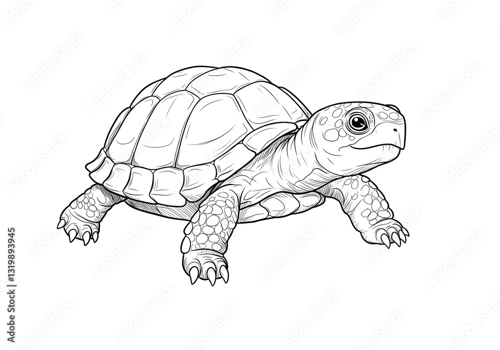 Fototapeta premium Adorable baby turtle walking in black-and-white line art