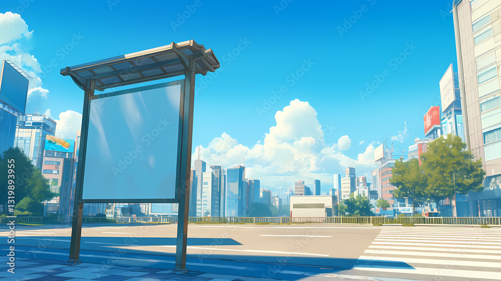 Empty urban street scene with a blank billboard, modern buildings, and a clear blue sky Empty urban street scene with a blank billboard, modern buildings, and a clear blue sky