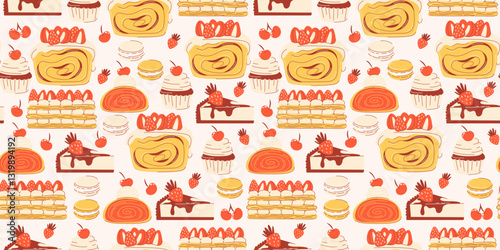 Pastry seamless pattern, baked goods and sweet desserts. Mille feuille, cheesecake, cupcake, macarons, strudel, bread with strawberry. Vector illustration, flat hand drawn style. Isolated background.