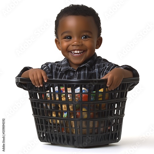 Happy Boy Holding Grocery Basket Smiling Child with Healthy Snacks