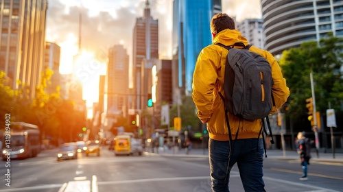 Wallpaper Mural Adventurer in Yellow Jacket Walking Towards City Skyline at Sunset Torontodigital.ca
