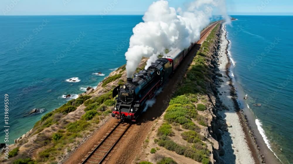a steam locomotive pulling a train along a dramatic coastal railway. The train moves next to the ocean, with waves crashing against rocky shores on one side and lush green vegetation on the other. Th