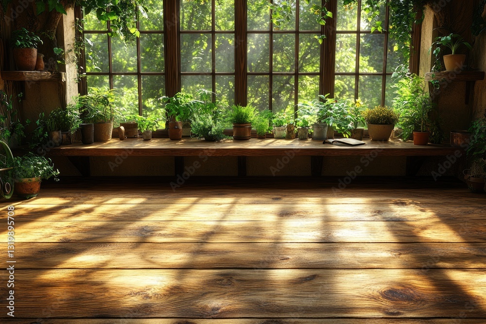 Sunlit wooden floor with potted plants on windowsill. Perfect for showcasing products or creating serene, nature-inspired designs. Sunlit wooden floor with potted plants on windowsill. Perfect for showcasing products or creating serene, nature-inspired designs.
