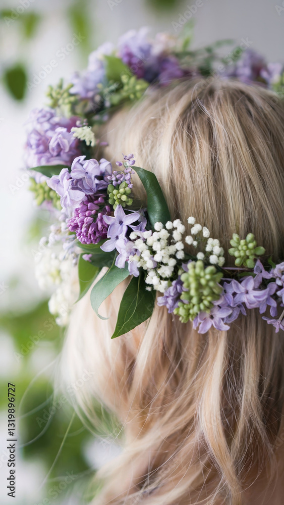 Naklejka premium A girl blonde hair wearing a flower headband with purple flowers