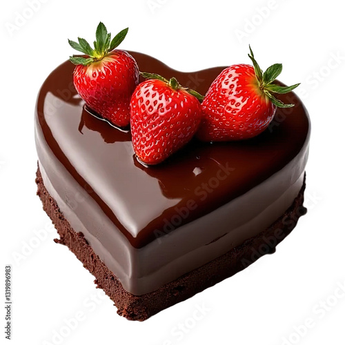 Heart-shaped chocolate cake topped with fresh strawberries, covered in rich chocolate glaze, isolated