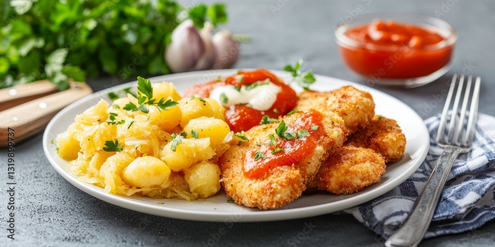 Delicious Plate of Fried Chicken, Gnocchi, and Tomato Sauce Dish Delicious Plate of Fried Chicken, Gnocchi, and Tomato Sauce Dish