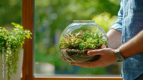 Hands Holding Glass Terrarium Filled with Colorful Succulent Plants