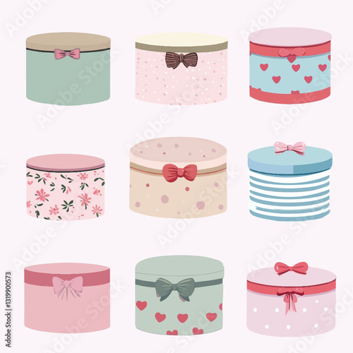 beautiful round boxes with bows, hat boxes, flat design, paint boxes, hand drawing