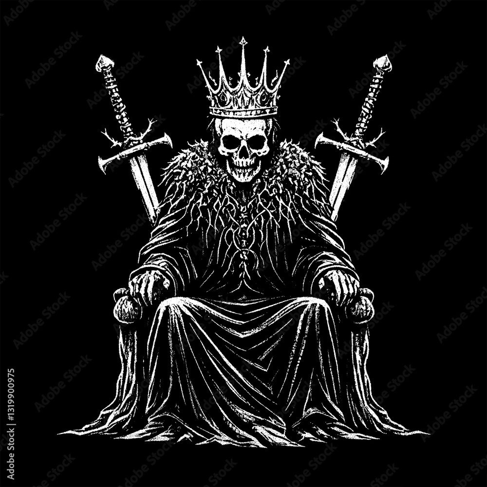 Fototapeta premium A black and white line art illustration of a skull king sitting on a throne, with two crossed swords behind him. A dark and eerie artwork, perfect for metal band merchandise, gothic designs, and horro