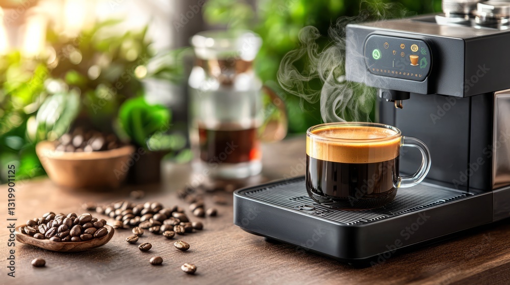 Freshly Brewed Coffee from Modern Espresso Machine in Cozy Setting Freshly Brewed Coffee from Modern Espresso Machine in Cozy Setting