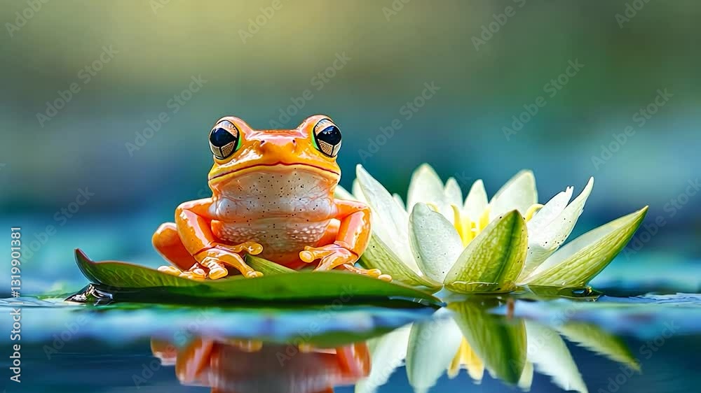 Orange frog sitting on a lily pad near a white water lily.