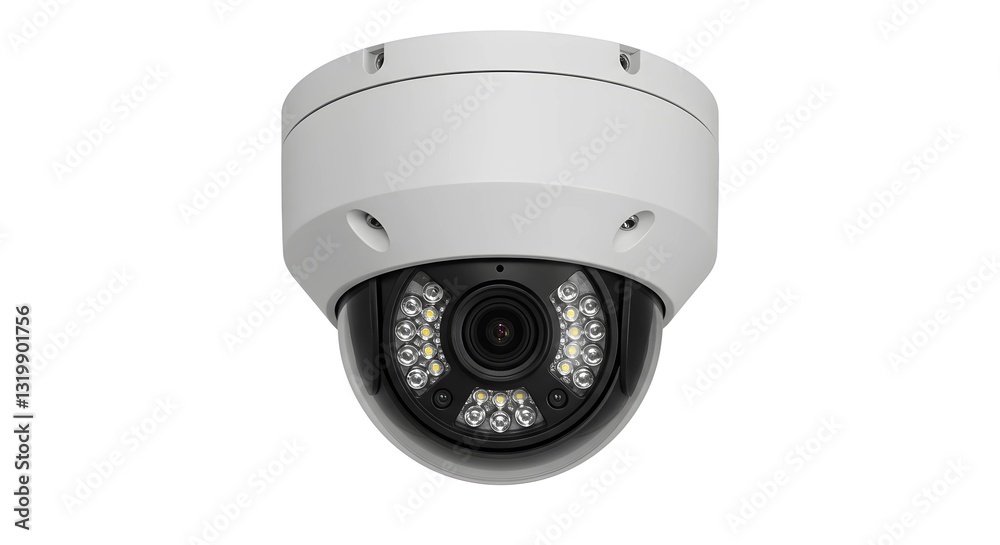 A white dome security camera with LED lights on a white background. A white dome security camera with LED lights on a white background.