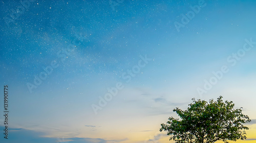 Starry Night Sky Over Green Tree Silhouette with Blue and Yellow Hues