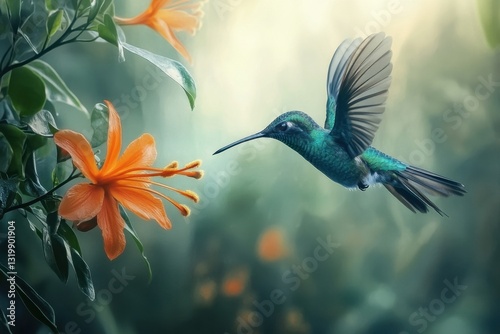 Exotic Long-Tailed Hummingbird Drinking Nectar From A Jungle Flower / hummingbird on a flower. 