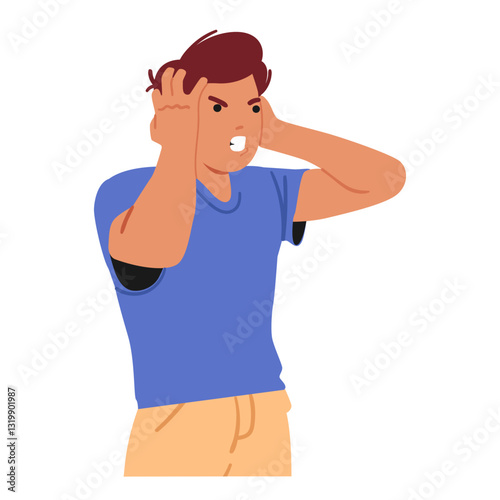 Aggressive young man cartoon character holding head in hands trying to contain rage and anger