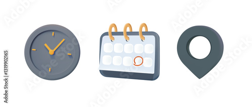 Modern 3D icons set of time, date and place. Event icons website illustration. Clock, calendar and address icon set. Hours and location. Vector illustration