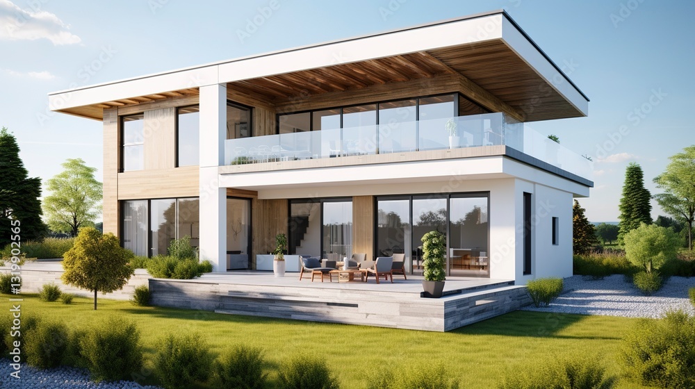 A photo of a modern suburban house A photo of a modern suburban house