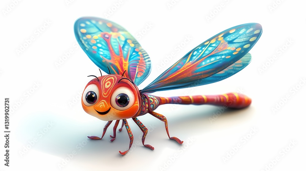 Fototapeta premium Playful cartoon dragonfly with glowing patterns on its wings and a happy smile on a white background