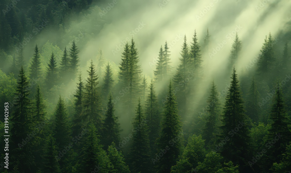 Misty Evergreen Forest at Sunrise: Sunlight Through Fog Illuminating Pine Trees Misty Evergreen Forest at Sunrise: Sunlight Through Fog Illuminating Pine Trees
