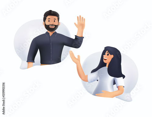 People talk or speak via online messages 3D illustration. Man and woman chatting by speech bubbles. Dialogue between friends or colleagues. Corporate communication concept. 3D Vector illustration