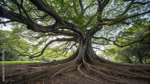Impressive banyan tree with large trunk and aerial roots extending across the ground, bathed in soft sunlight. Ideal for backgrounds related to natural wonders, peaceful landscapes, and tree photograp photo