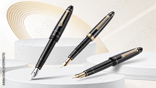 Elegant arrangement of three fountain pens with black barrels and gold accents, displayed on white stands against a soft background. Excellent for stock photos related to office supplies, luxury writi photo