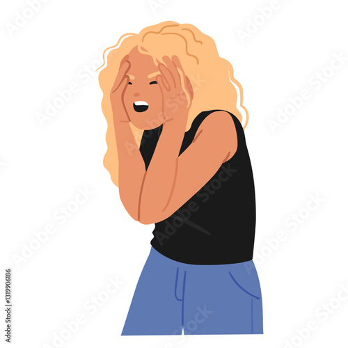 Young woman cartoon character yelling covering head with hands feeling abnormal despair emotions