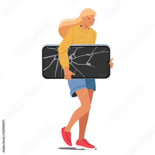 Sad teenage girl cartoon character carrying big broken smartphone in hands walking to repair service