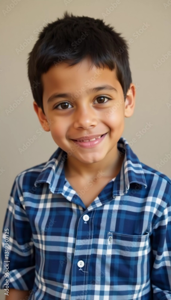A bright-eyed boy smiles widely, exuding happiness while wearing a checkered shirt. His cheerful demeanor radiates warmth in a cozy setting, perfectly showcasing childhood joy. AI A bright-eyed boy smiles widely, exuding happiness while wearing a checkered shirt. His cheerful demeanor radiates warmth in a cozy setting, perfectly showcasing childhood joy. AI