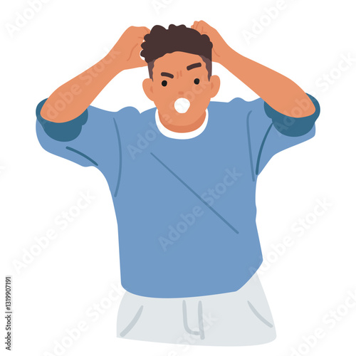 Furious man cartoon character feeling anger and rage tearing hair out of head isolated on white