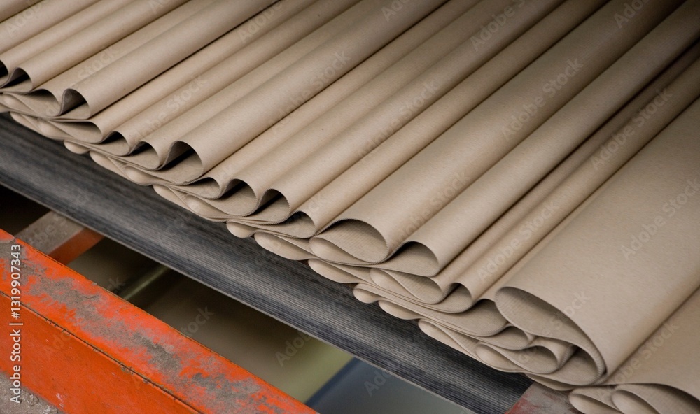 Cardboard industry. Producing cardboard in a factory. Stacked cardboard layers. Peper industry.